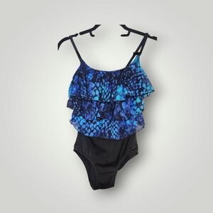 Longitude Blue and Black Ruffled Swimsuit one piece size 8